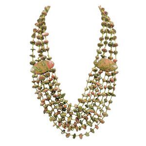 DRT Multi Strand Toggle Clasp Knotted Unakite Bead Stone Necklace, 21" Long